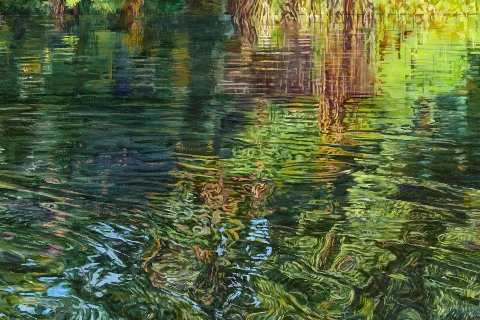 REFLEJOS EN EL RIO DUERO SORIA ACRILICO OLEO 130 X 130 CM.